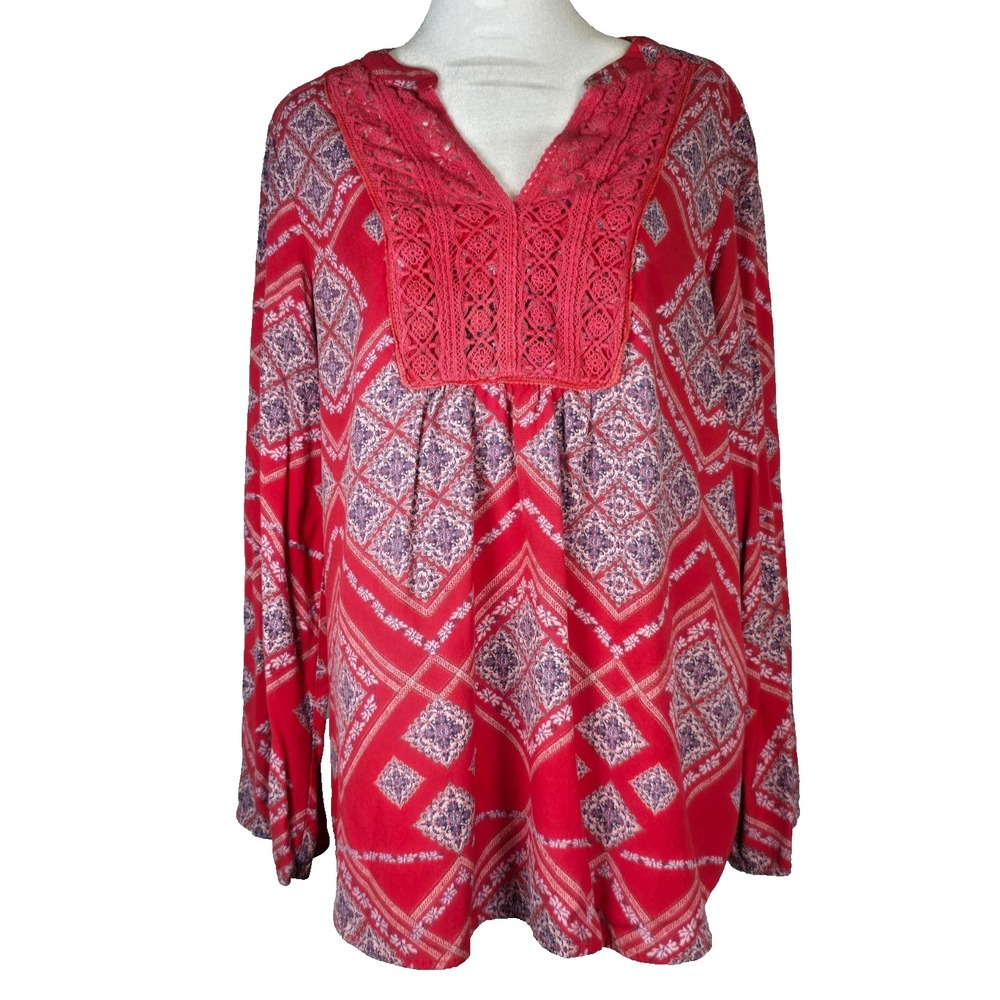 Vintage America Blues Womens Top Large Red & Blue Crochet Yoke Long Sleeve